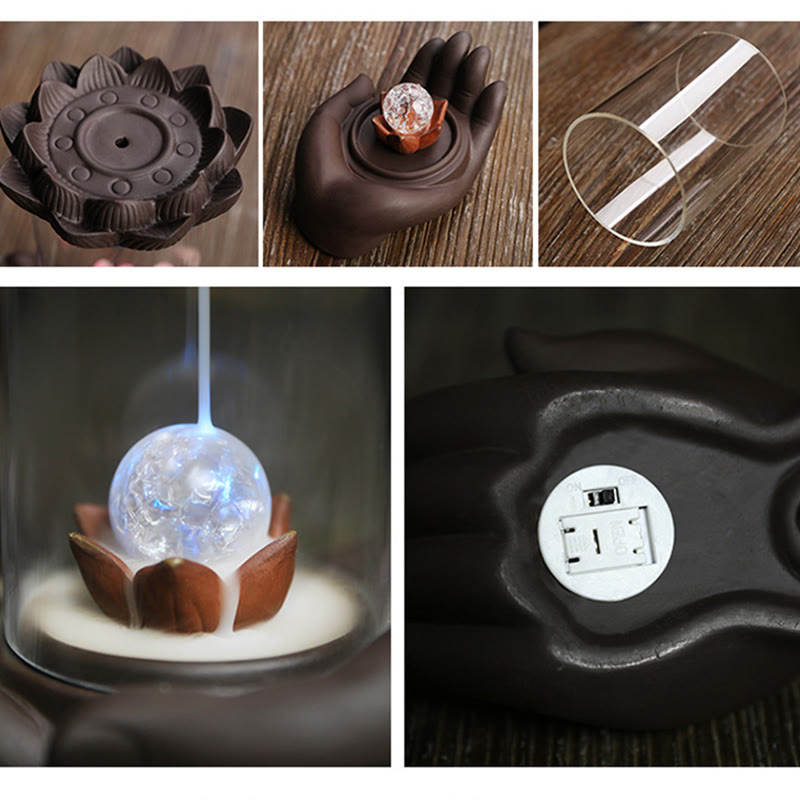 Purple Clay Buddha Hand Lotus Enlightenment LED Light Incense Burner
