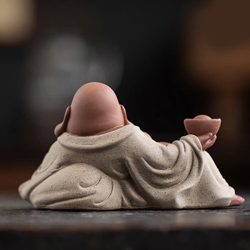 Purple Clay Laughing Buddha Statue 13.5cm for Wealth & Joy