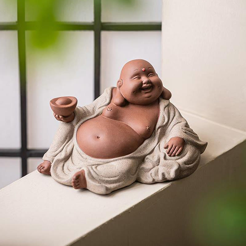 Purple Clay Laughing Buddha Statue 13.5cm for Wealth & Joy