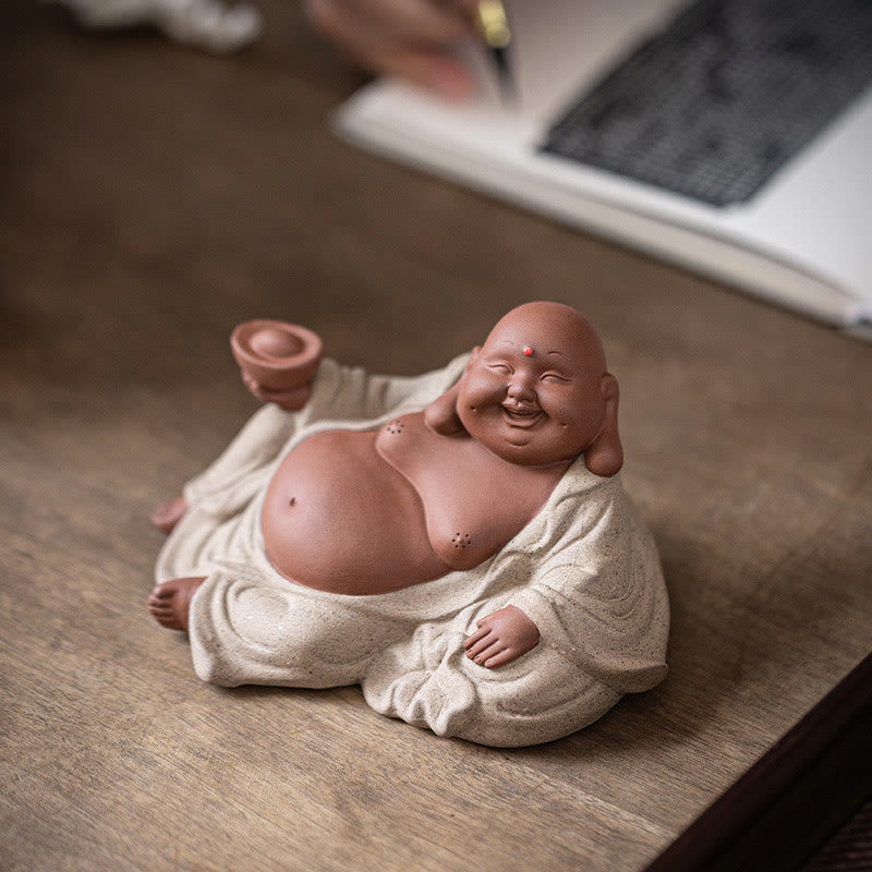 Purple Clay Laughing Buddha Statue 13.5cm for Wealth & Joy