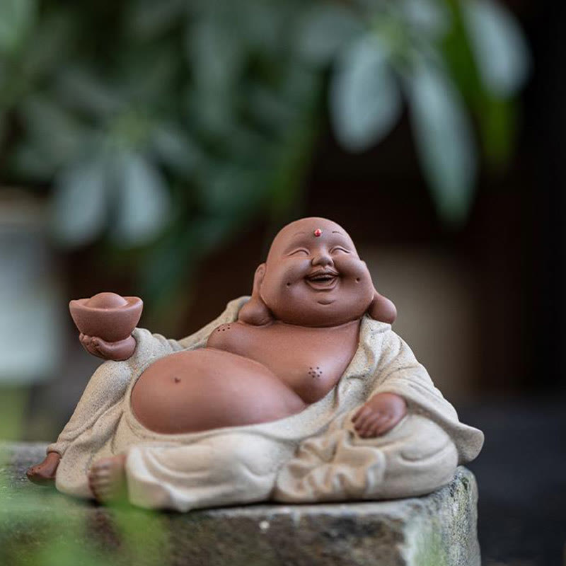 Purple Clay Laughing Buddha Statue 13.5cm for Wealth & Joy