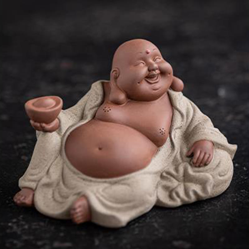 Purple Clay Laughing Buddha Statue 13.5cm for Wealth & Joy