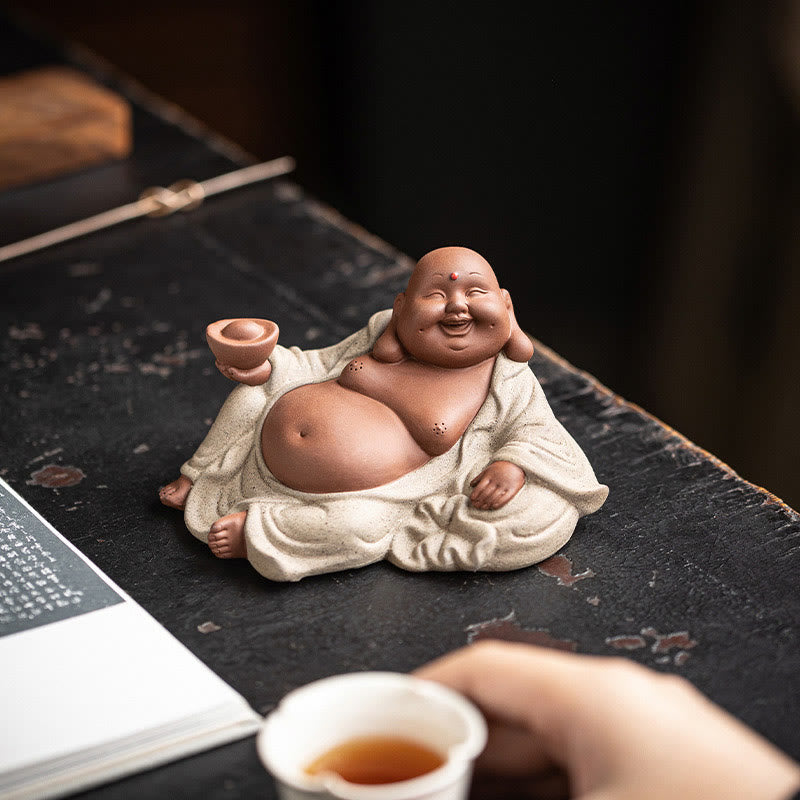 Purple Clay Laughing Buddha Statue 13.5cm for Wealth & Joy