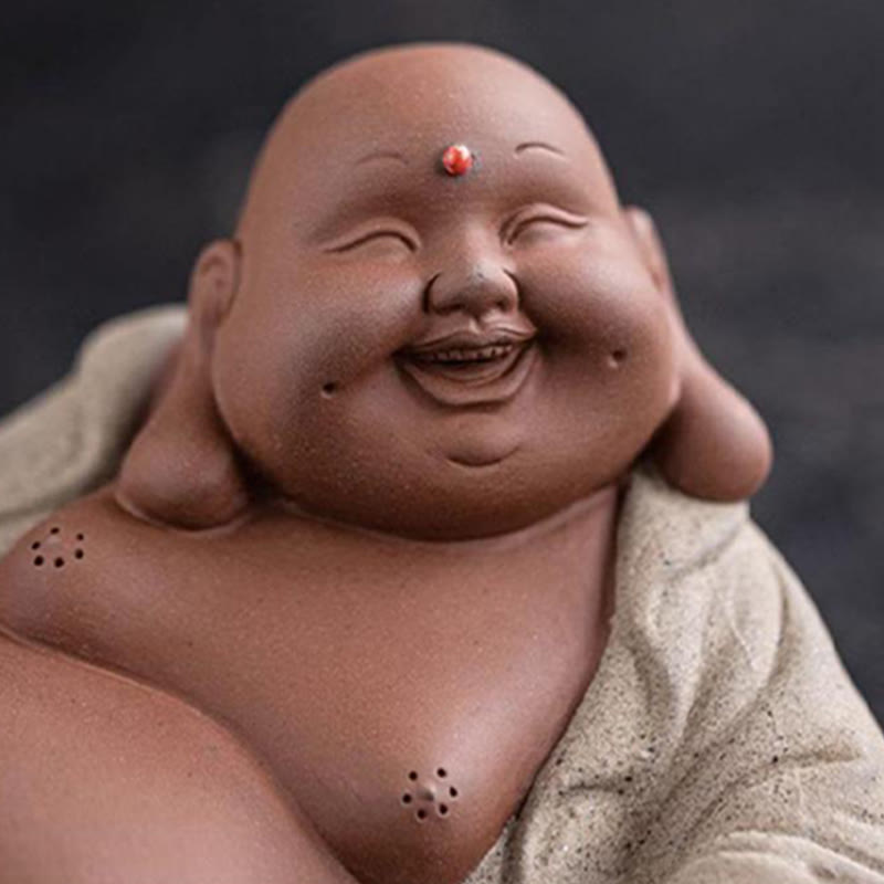 Purple Clay Laughing Buddha Statue 13.5cm for Wealth & Joy