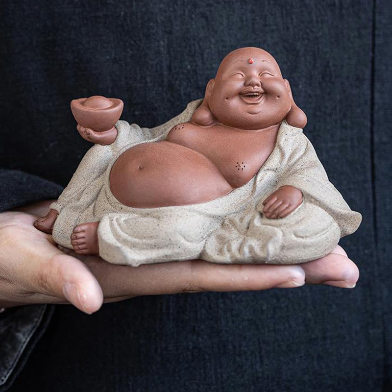 Purple Clay Laughing Buddha Statue 13.5cm for Wealth & Joy