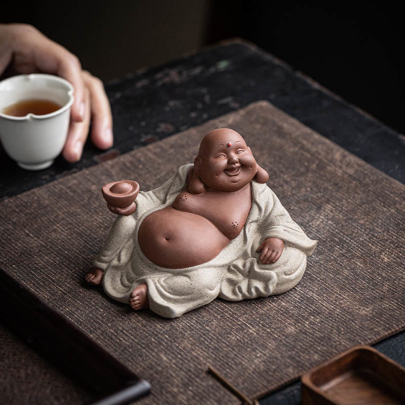 Purple Clay Laughing Buddha Statue 13.5cm for Wealth & Joy