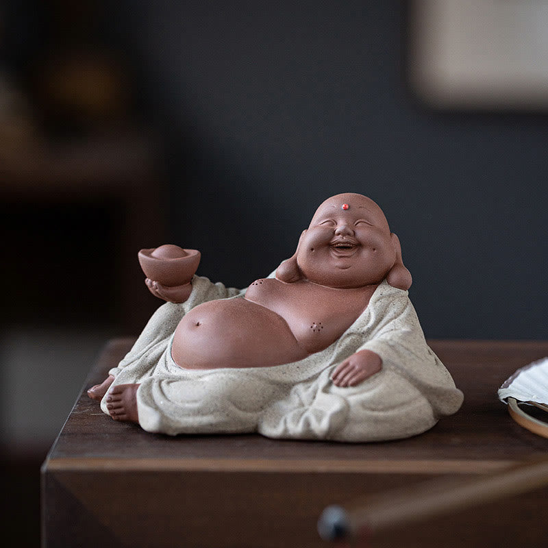 Purple Clay Laughing Buddha Statue 13.5cm for Wealth & Joy