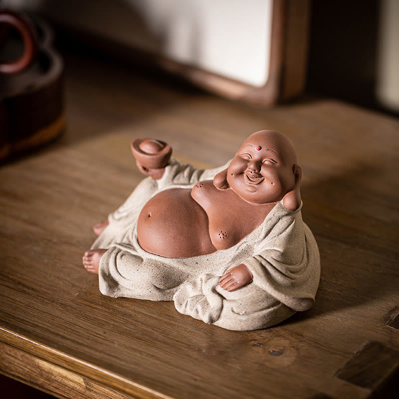 Purple Clay Laughing Buddha Statue 13.5cm for Wealth & Joy