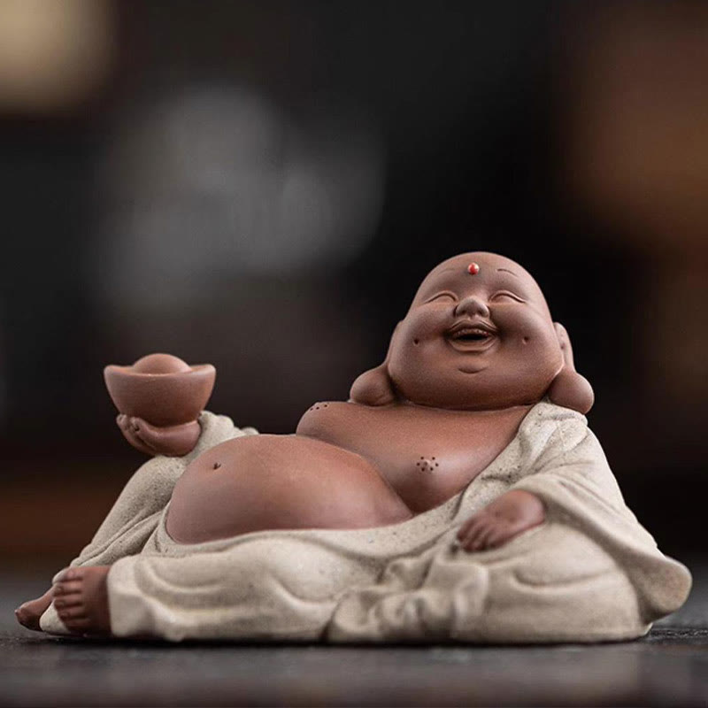 Purple Clay Laughing Buddha Statue 13.5cm for Wealth & Joy