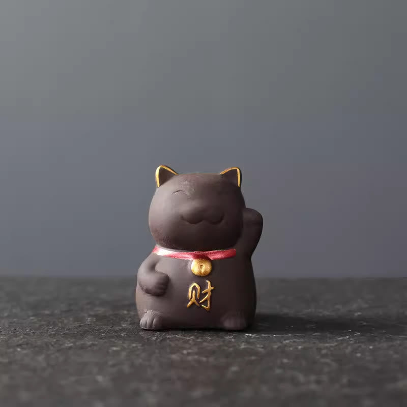 Purple Clay Mini Lucky Cat Wealth Figurine for Prosperity