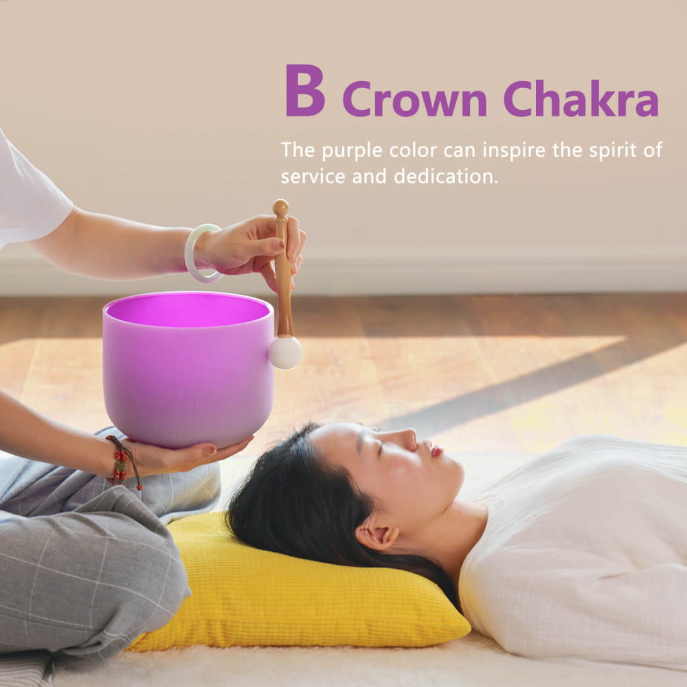 Purple Color B Note Crown Chakra Crystal Singing Bowl used in a healing session