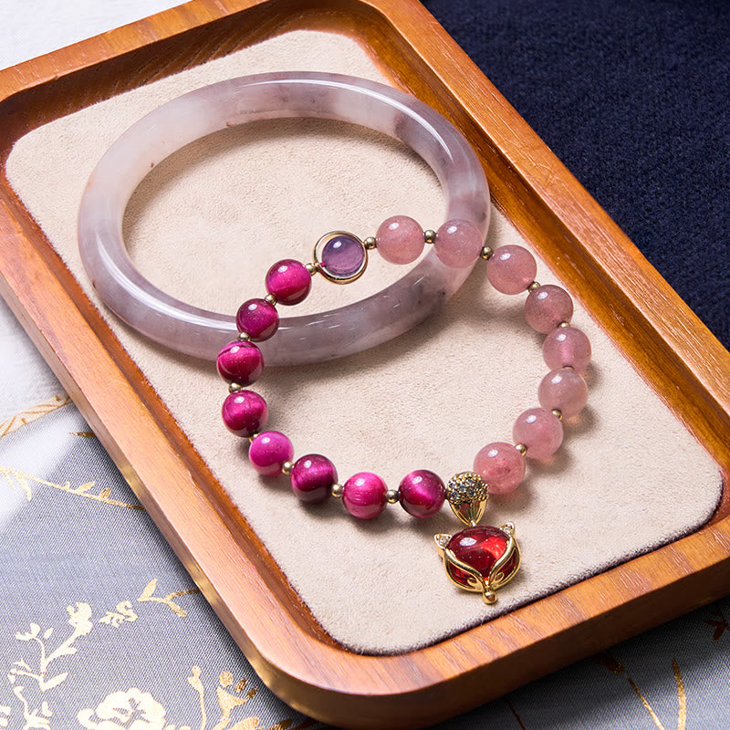 Purple Jade and Strawberry Quartz Bracelet Bangle Bundle for Happiness