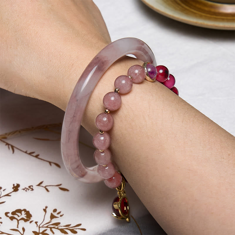 Purple Jade and Strawberry Quartz Bracelet Bangle Bundle for Happiness