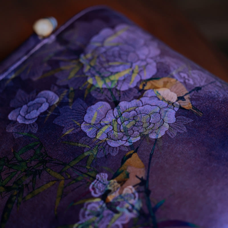 Purple Magpie Birds Bamboo Handle Handbag 23cm