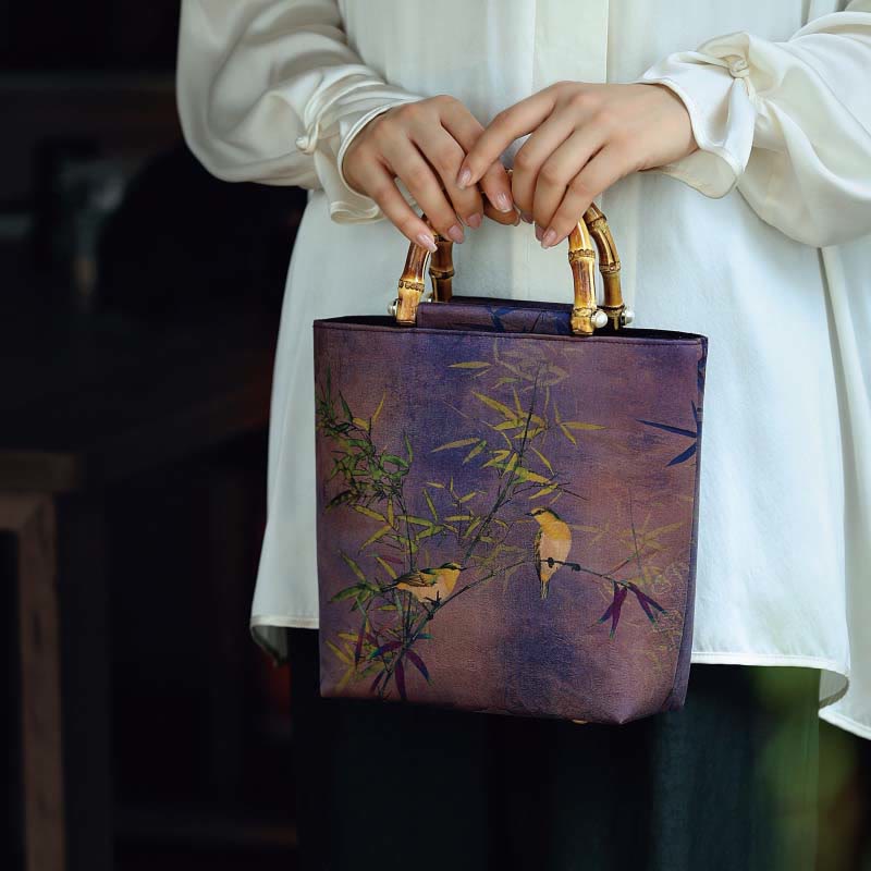 Purple Magpie Birds Bamboo Handle Handbag 23cm