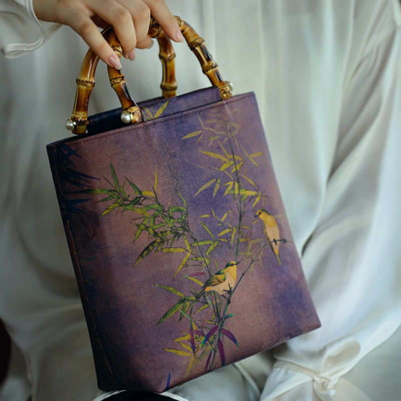 Purple Magpie Birds Bamboo Handle Handbag 23cm