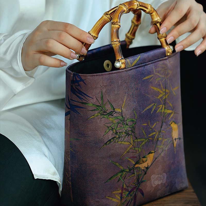 Purple Magpie Birds Bamboo Handle Handbag 23cm