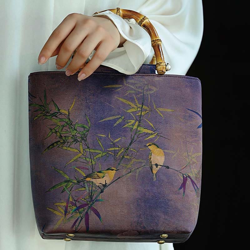 Purple Magpie Birds Bamboo Handle Handbag 23cm