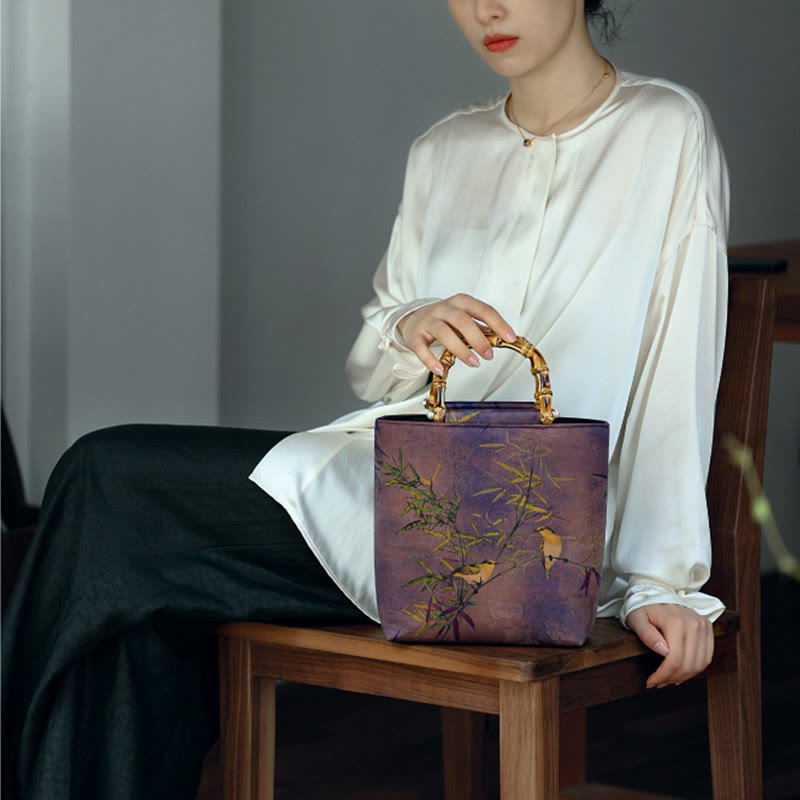 Purple Magpie Birds Bamboo Handle Handbag 23cm