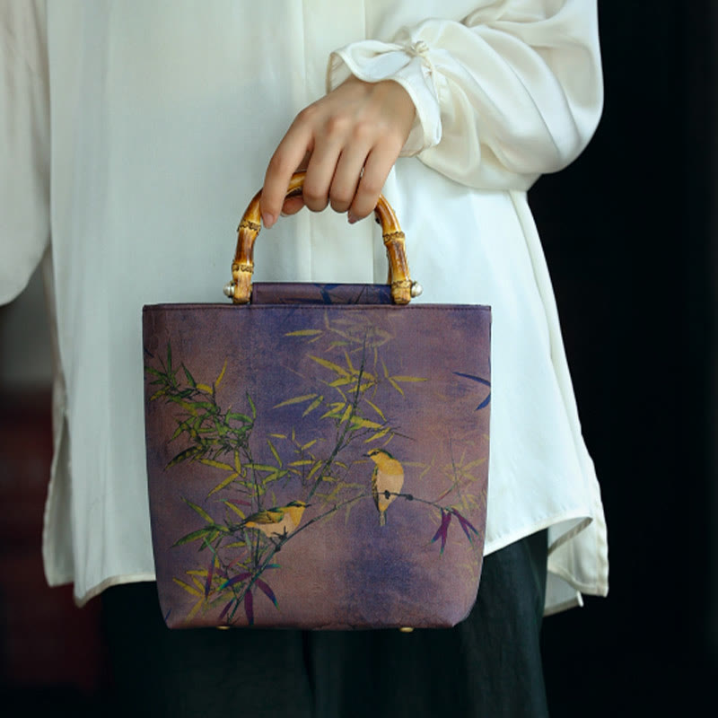 Purple Magpie Birds Bamboo Handle Handbag 23cm