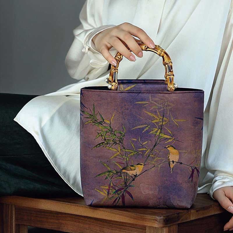 Purple Magpie Birds Bamboo Handle Handbag 23cm
