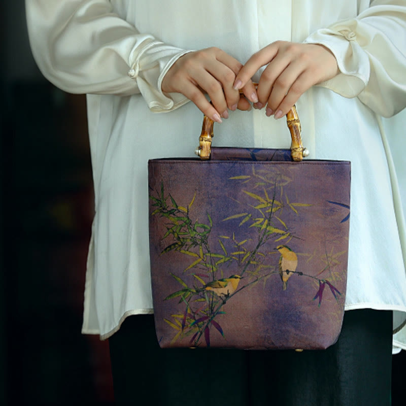 Purple Magpie Birds Bamboo Handle Handbag 23cm
