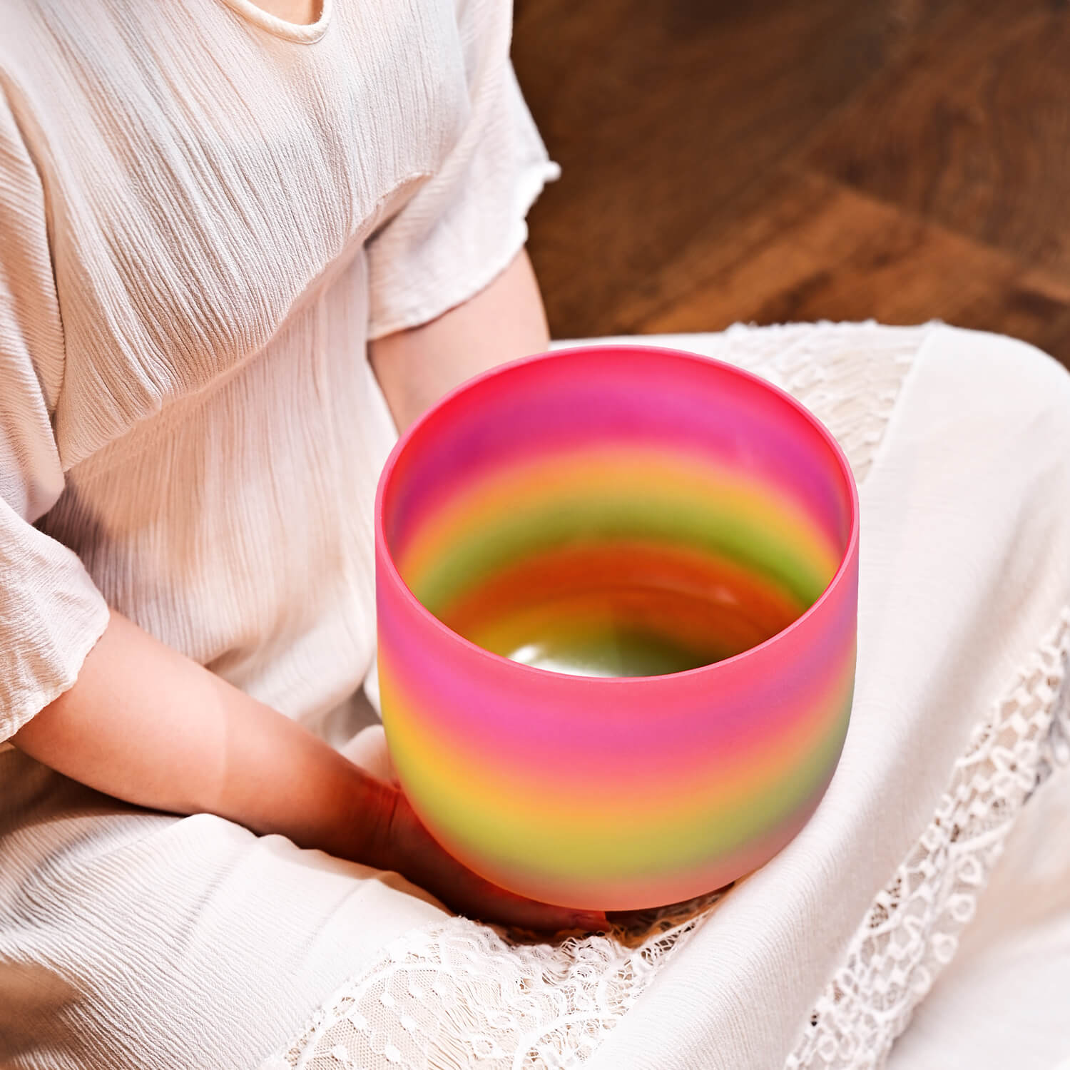 Colorful rainbow-striped drinking bowl for Rainbow Crystal Singing Bowl meditation