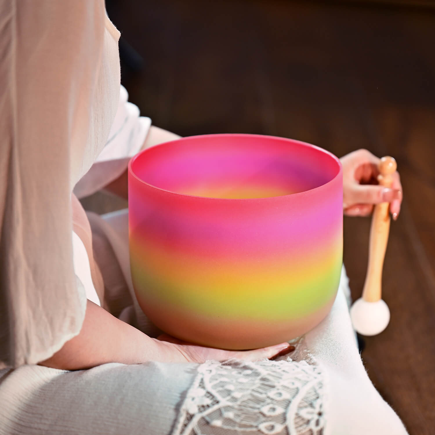 Rainbow Crystal Singing Bowl with wooden striker for Chakra Meditation and healing