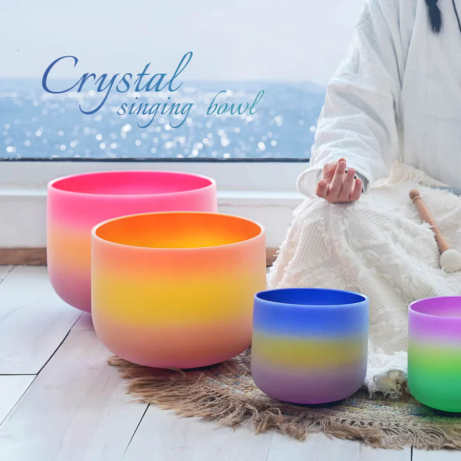 Rainbow Frosted Quartz Crystal Singing Bowl Set on a fur rug with colorful gradient design