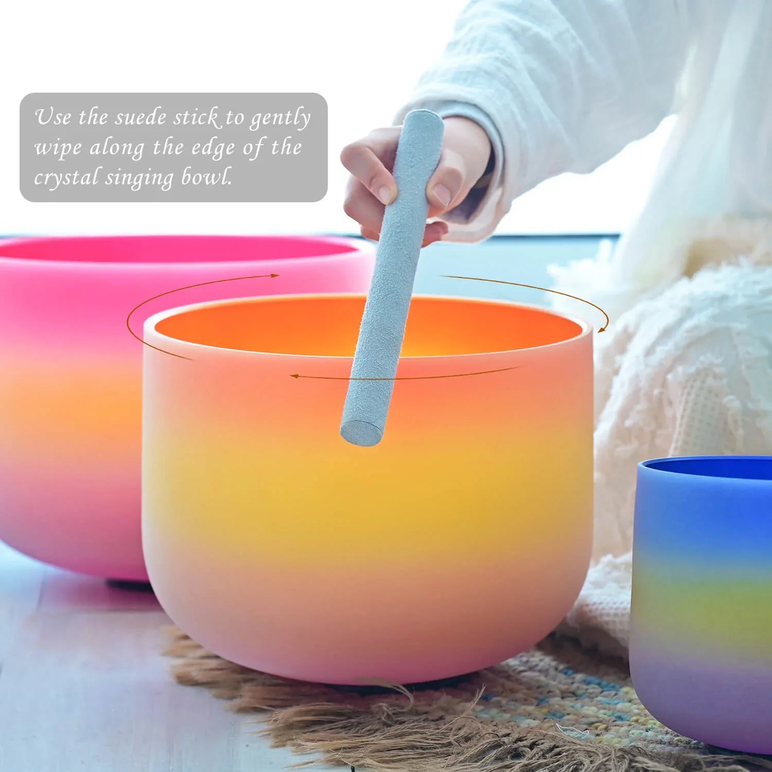 Rainbow-colored crystal singing bowl with suede mallet from Rainbow Frosted Quartz Set