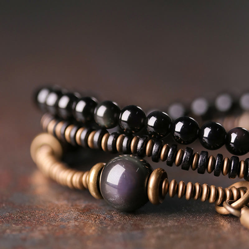 Rainbow Obsidian Ebony Wood Triple Wrap Healing Bracelet