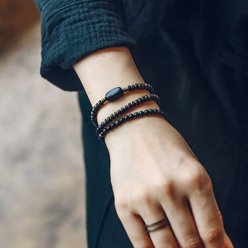 Rainbow Obsidian Ebony Wood Triple Wrap Healing Bracelet