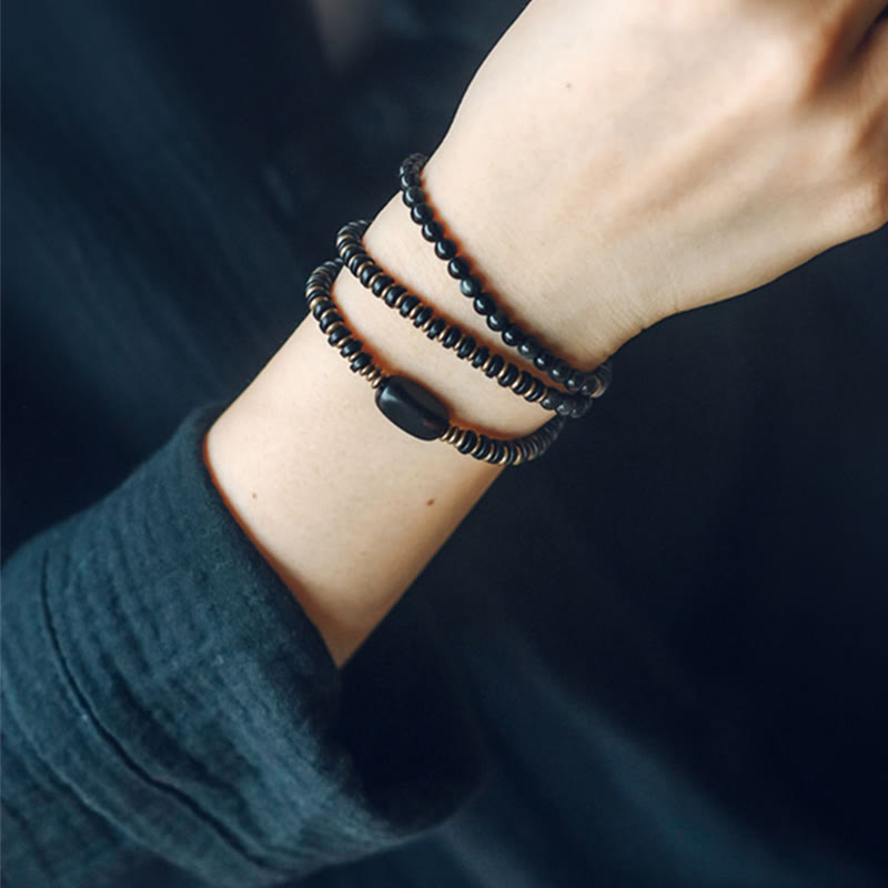 Rainbow Obsidian Ebony Wood Triple Wrap Healing Bracelet