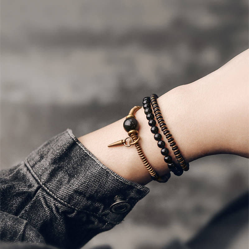 Rainbow Obsidian Ebony Wood Triple Wrap Healing Bracelet