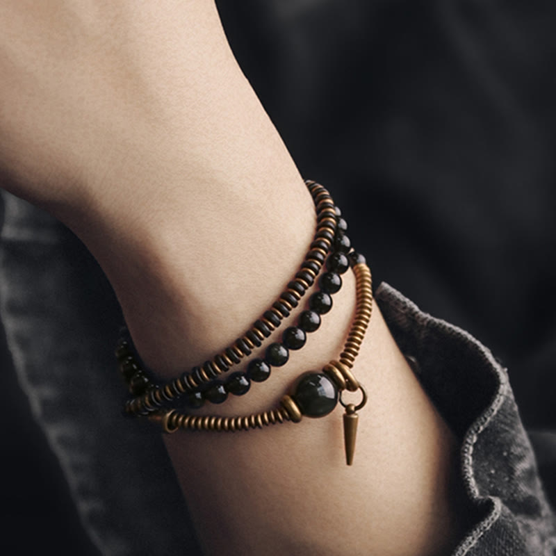 Rainbow Obsidian Ebony Wood Triple Wrap Healing Bracelet