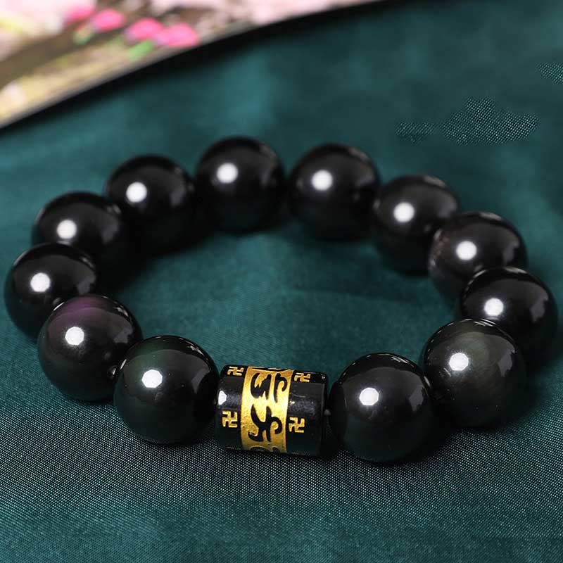 Rainbow Obsidian Om Mani Padme Hum Swastika Bracelet 14mm