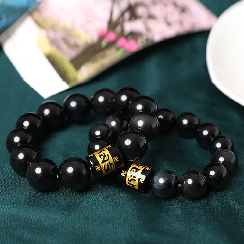 Rainbow Obsidian Om Mani Padme Hum Swastika Bracelet 14mm