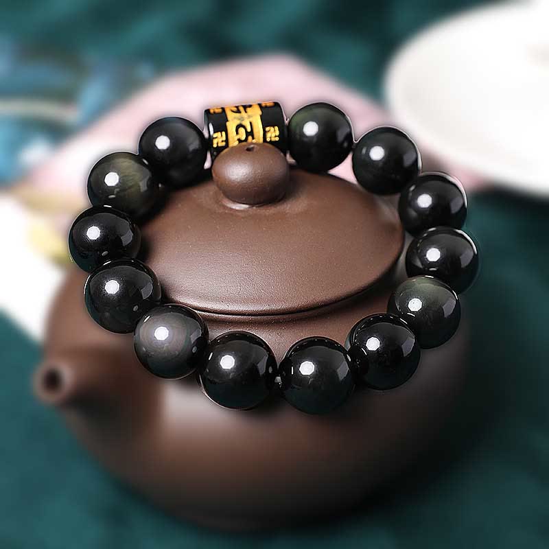 Rainbow Obsidian Om Mani Padme Hum Swastika Bracelet 14mm