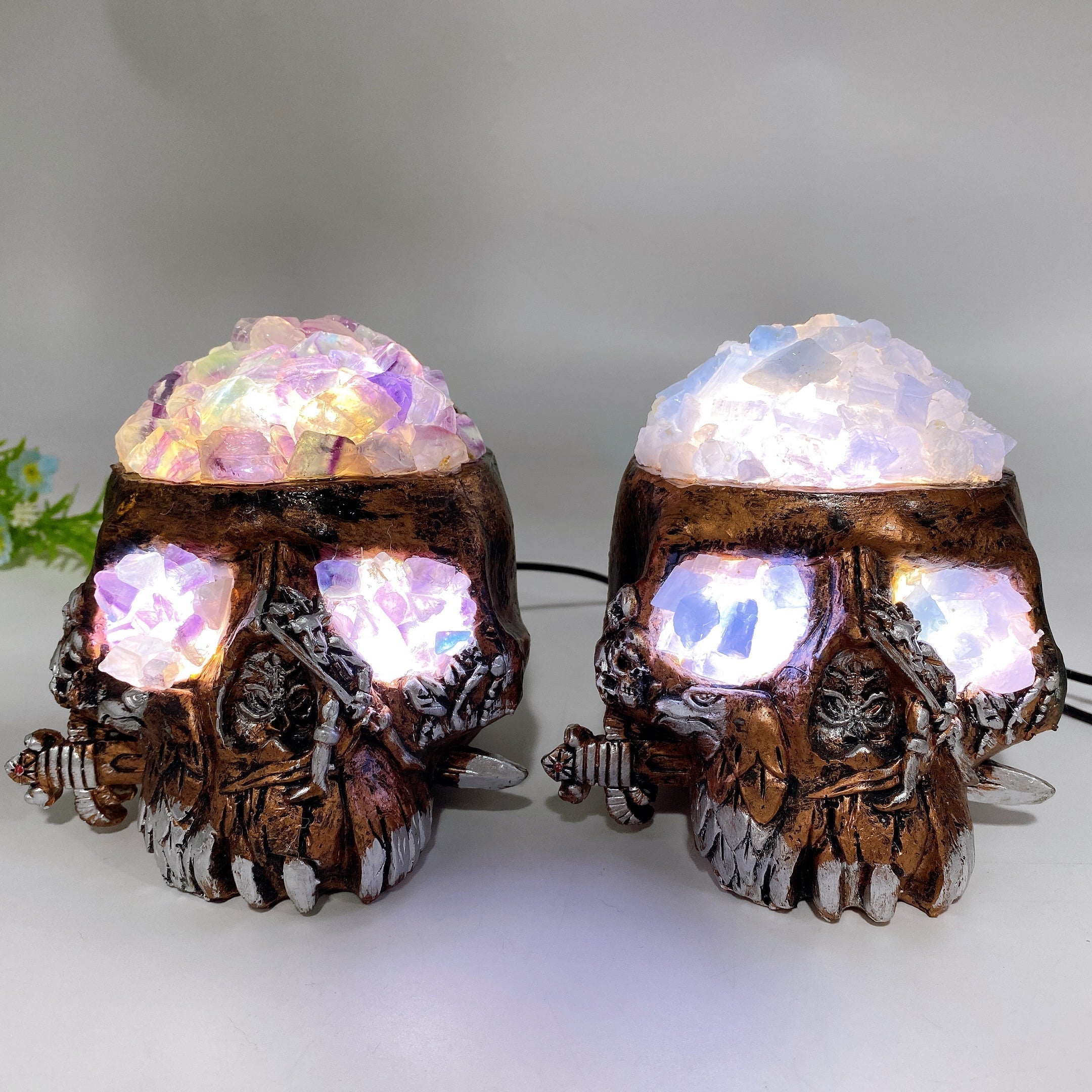 Raw Fluorite Celestite USB Skull Lamp 4.6 Inch