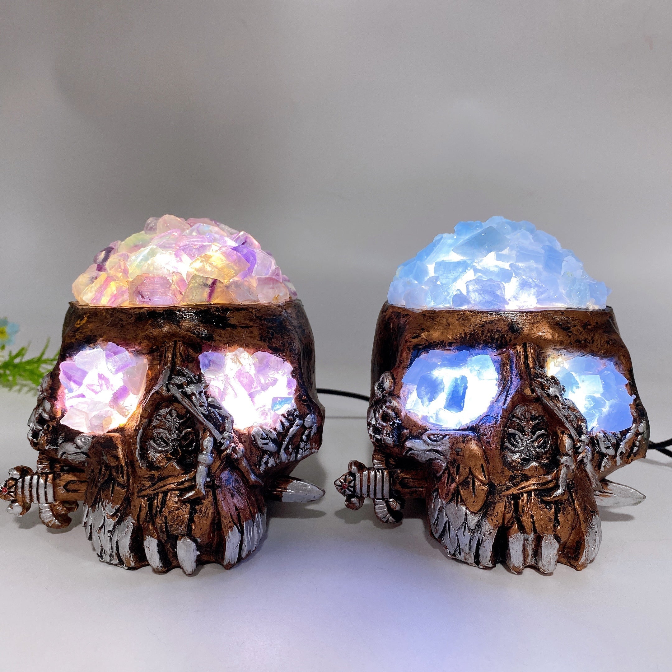 Raw Fluorite Celestite USB Skull Lamp 4.6 Inch