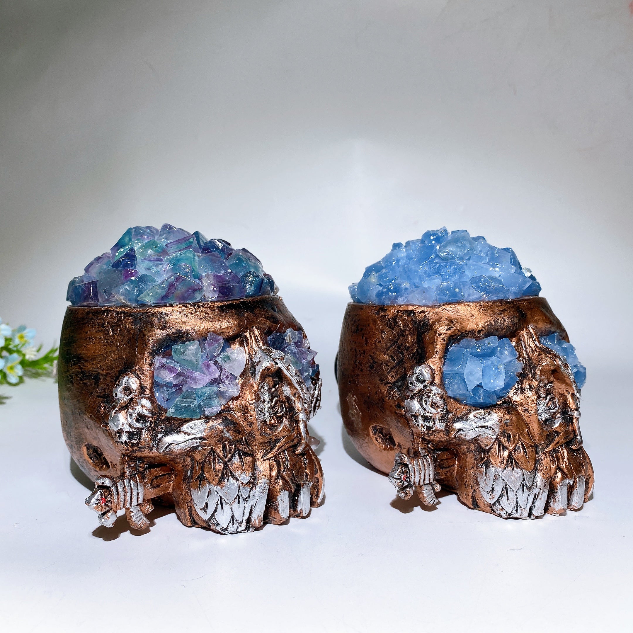 Raw Fluorite Celestite USB Skull Lamp 4.6 Inch