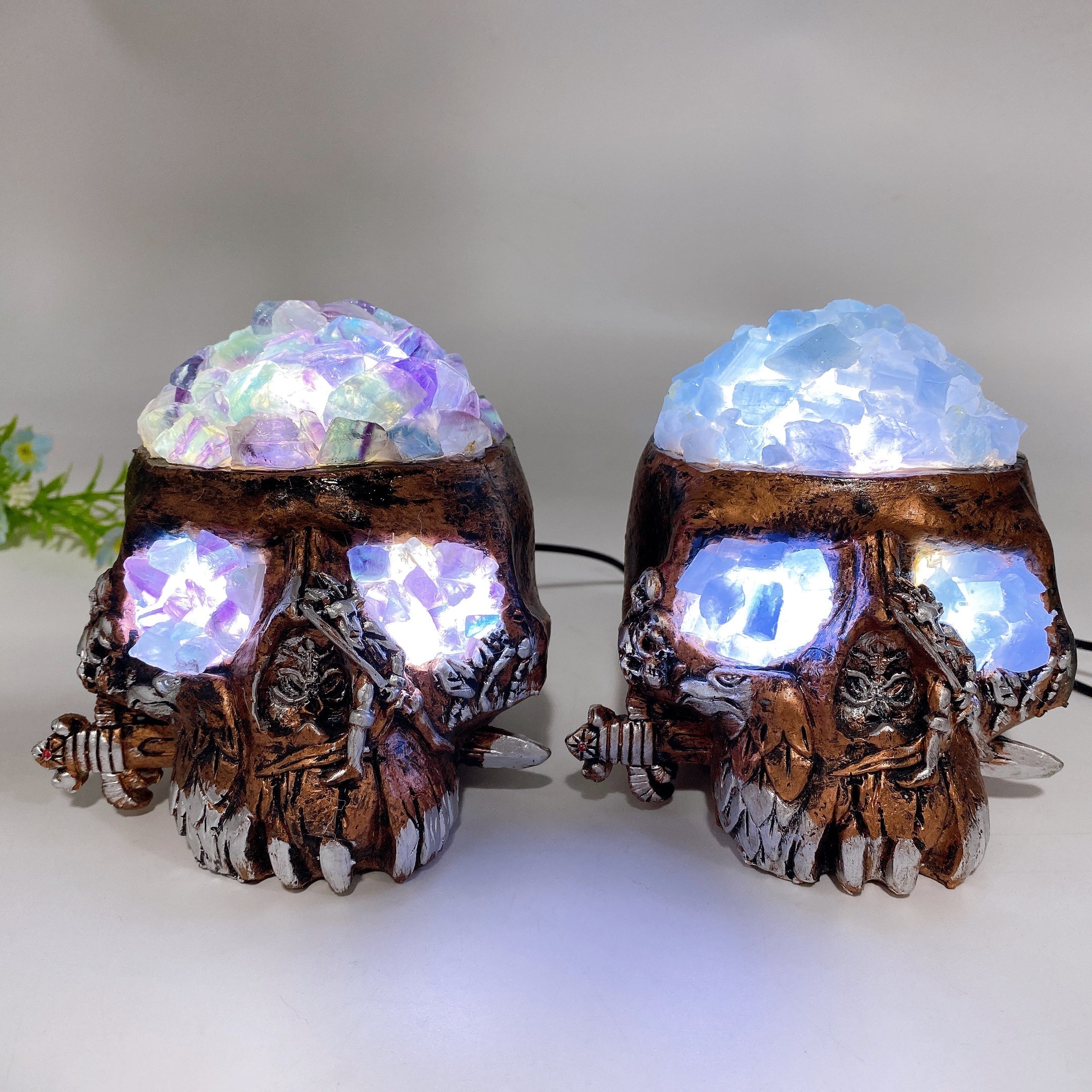 Raw Fluorite Celestite USB Skull Lamp 4.6 Inch