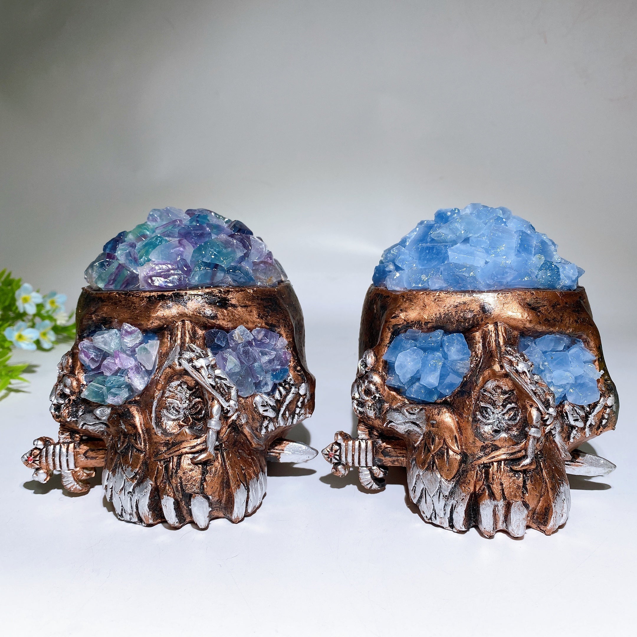 Raw Fluorite Celestite USB Skull Lamp 4.6 Inch