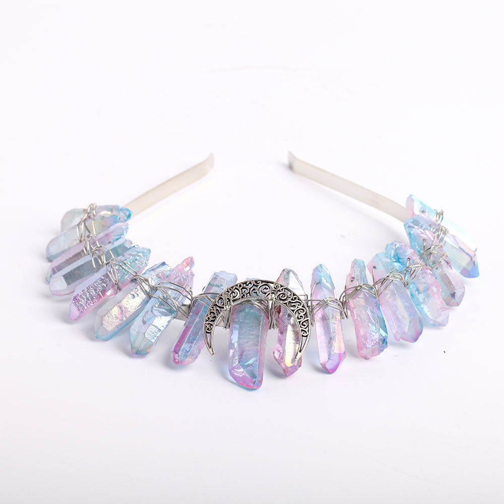 Raw Quartz Crystal Crown with Silver Moon Decor 10cm