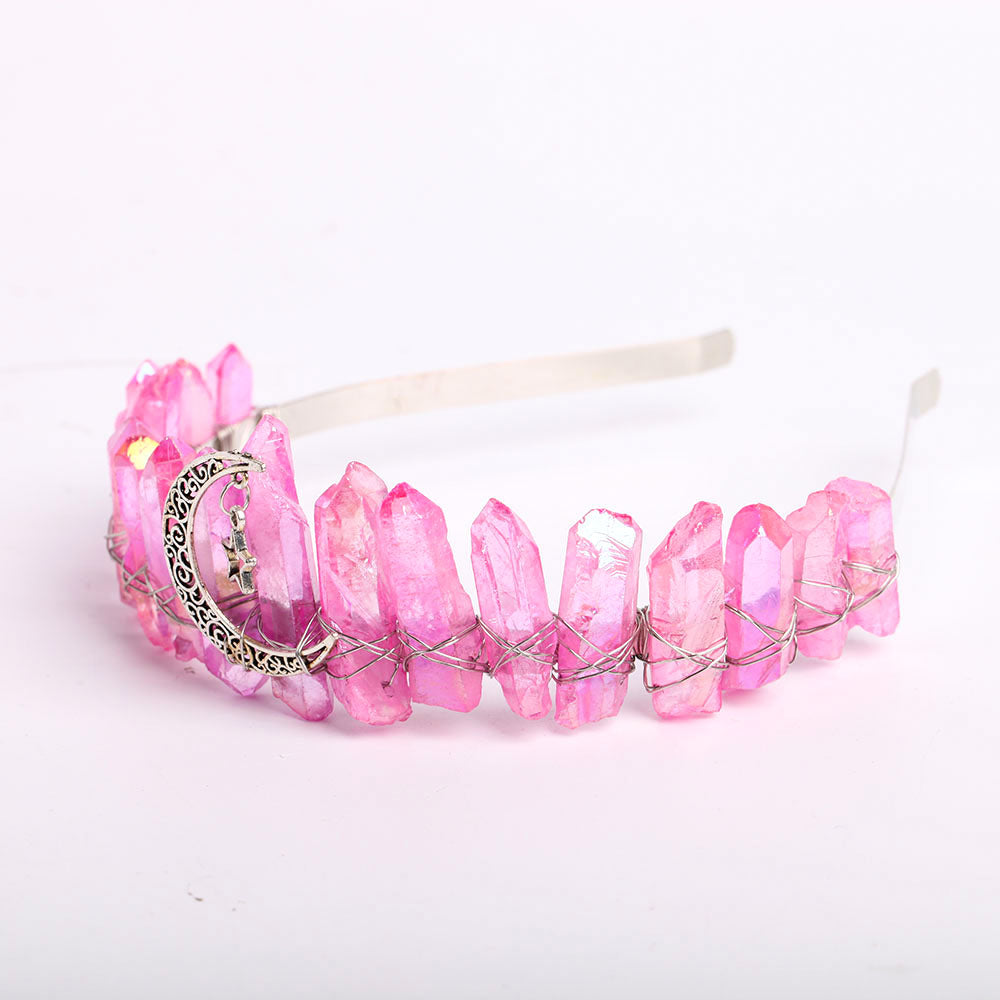 Raw Quartz Crystal Crown with Silver Moon Decor 10cm