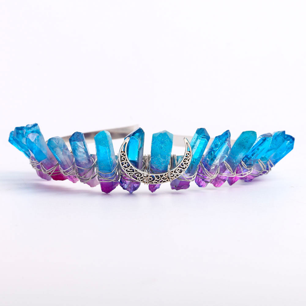 Raw Quartz Crystal Crown with Silver Moon Decor 10cm