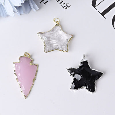Raw Rose Quartz, Black Obsidian & Clear Quartz Star Pendants 1 inch
