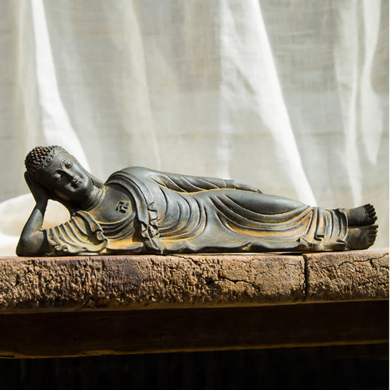 Reclining Buddha Statue Iron Powder Rust Cast 17.5cm Sculpture