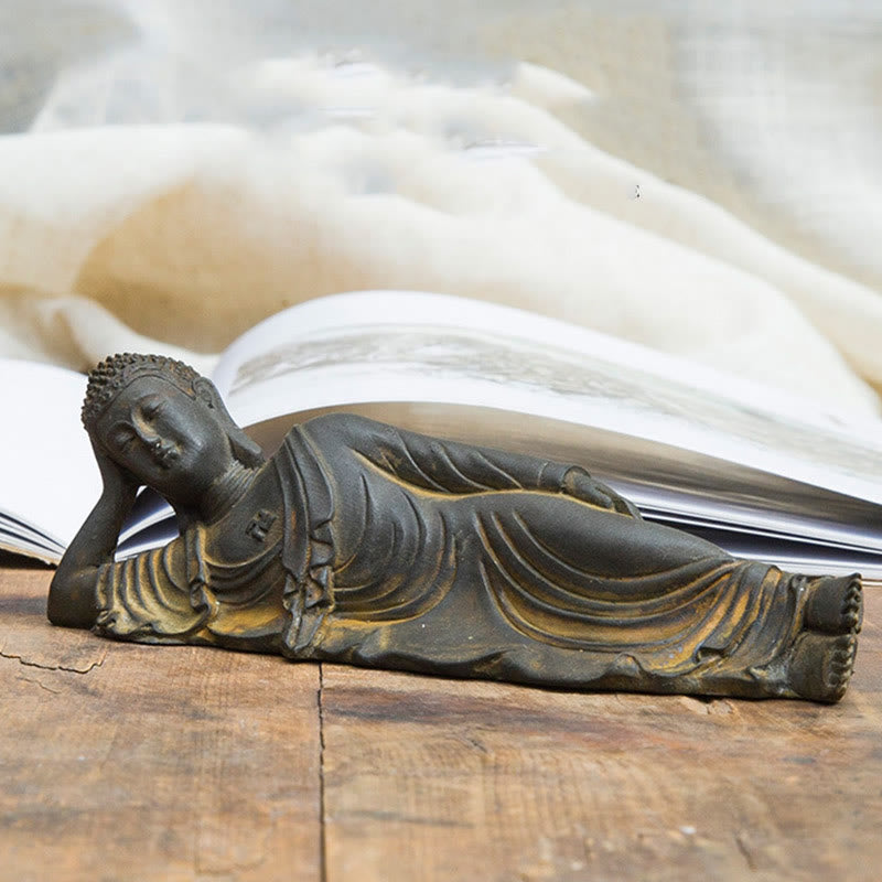 Reclining Buddha Statue Iron Powder Rust Cast 17.5cm Sculpture
