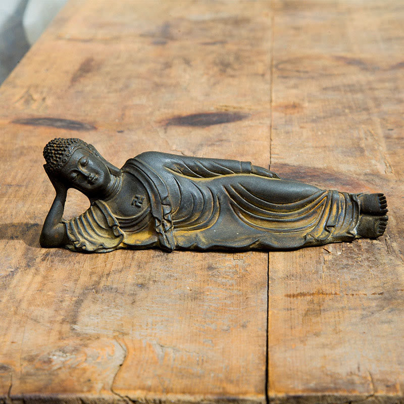 Reclining Buddha Statue Iron Powder Rust Cast 17.5cm Sculpture